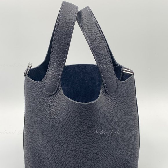Authentic HERMES Picotin Lock 18 Caban (dark blue) Clemence Leather Palladium - Picture 6 of 13